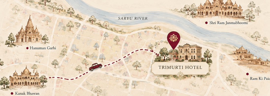 Illustrated map of Ayodhya showing Trimurti Hotel
